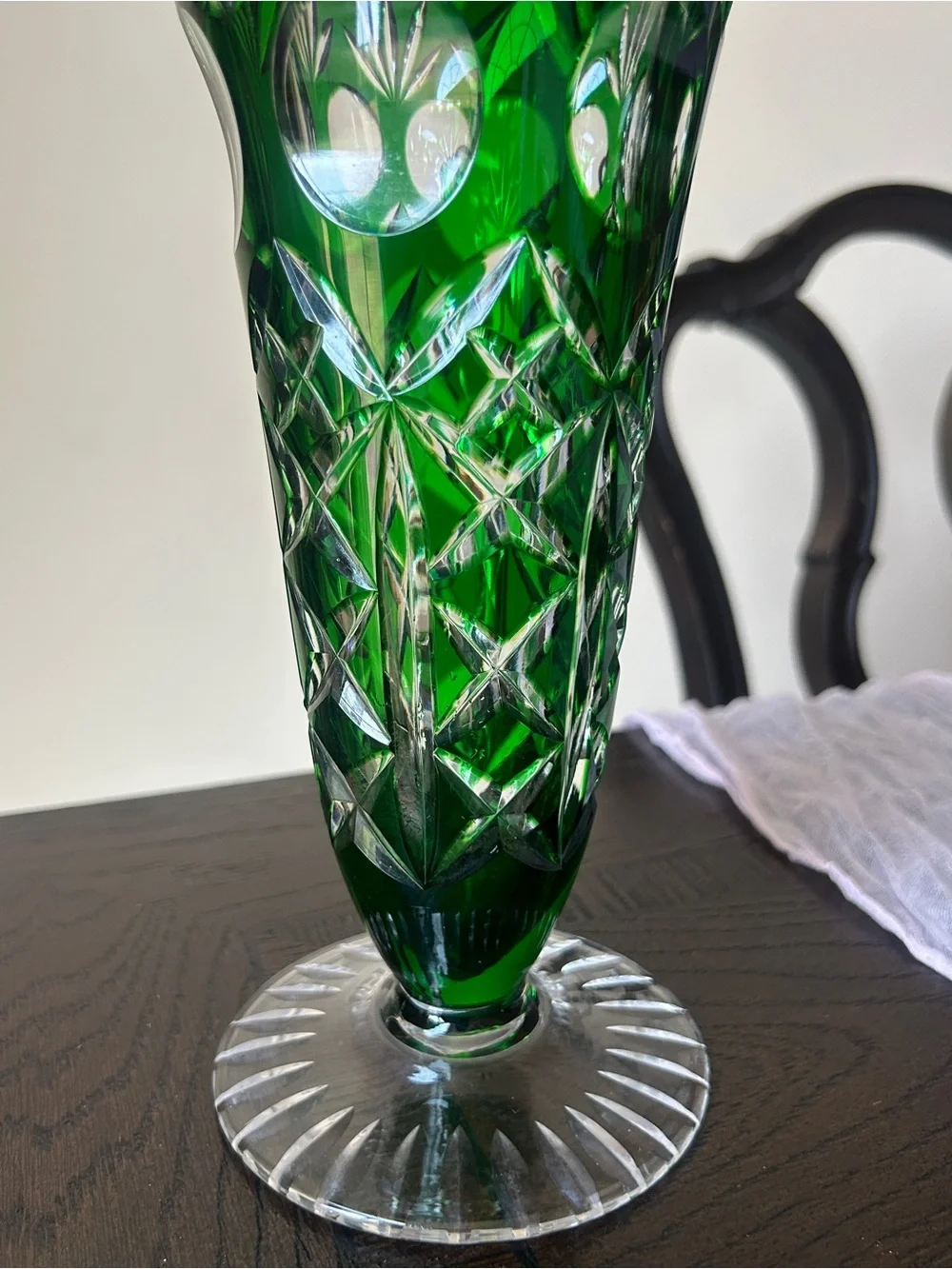 Vintage Imperial Hand Cut Emerald Glow Glass Vase German 1950s 10.5”